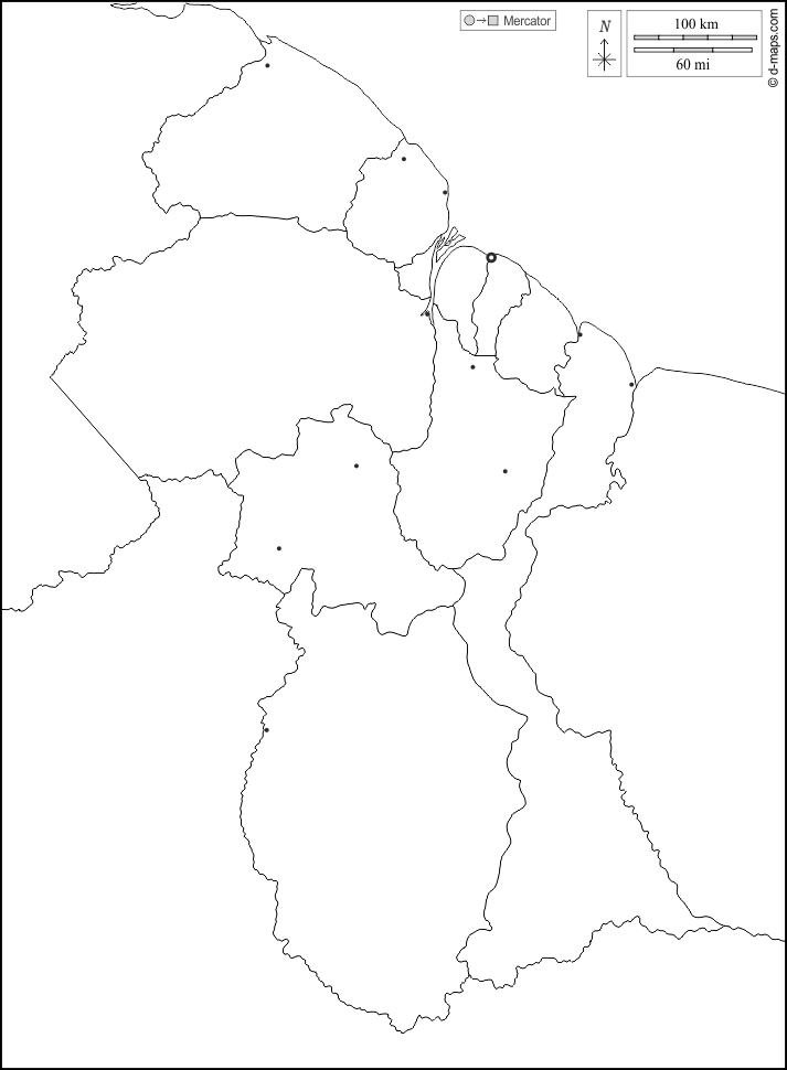 Guyana : d-maps.com: mappa gratuita, mappa muta gratuita, cartina muta gratuita : frontiere, regioni, principali città, bianco
