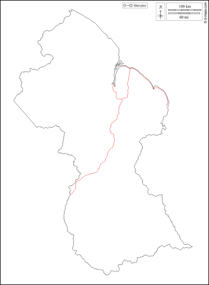 Guyana : d-maps.com: mappa gratuita, mappa muta gratuita, cartina muta gratuita : contorni, strade, bianco