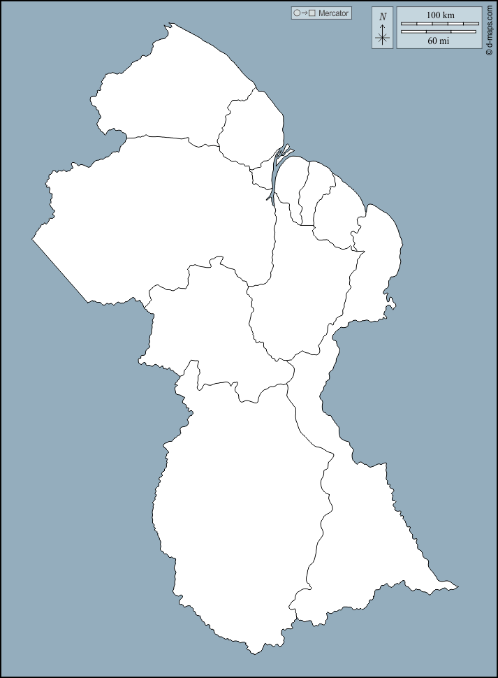 Guyana : d-maps.com: mappa gratuita, mappa muta gratuita, cartina muta gratuita : contorni, regioni