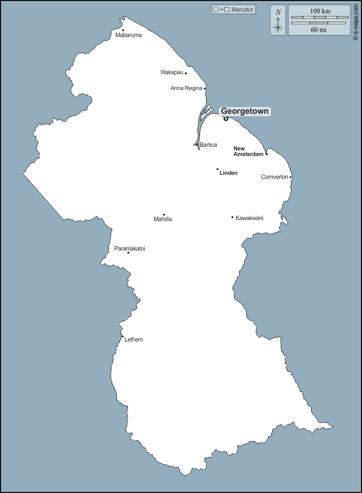 Guyana : d-maps.com: mappa gratuita, mappa muta gratuita, cartina muta gratuita : contorni, principali città, nomi