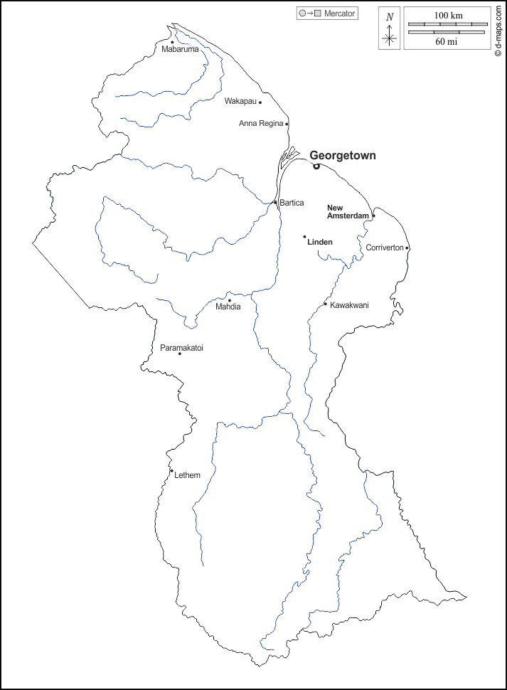 Guyana : d-maps.com: mappa gratuita, mappa muta gratuita, cartina muta gratuita : contorni, idrografia, principali città, nomi, bianco