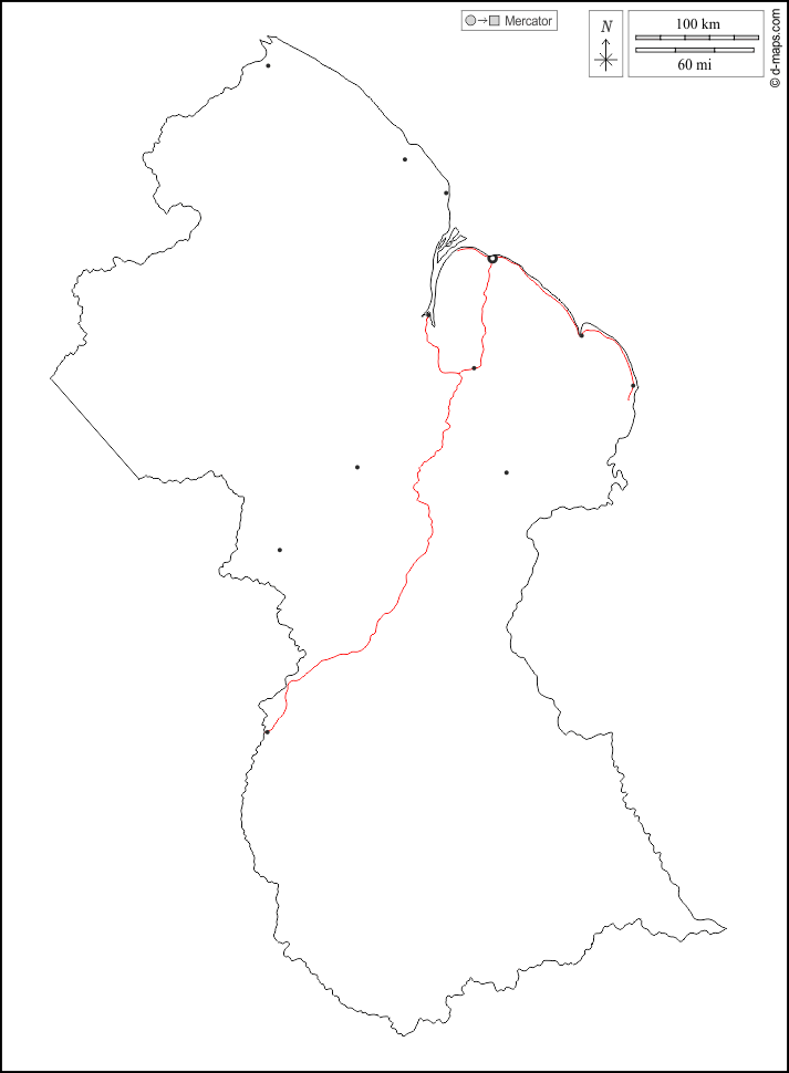 Guyana : d-maps.com: mappa gratuita, mappa muta gratuita, cartina muta gratuita : contorni, principali città, strade, bianco