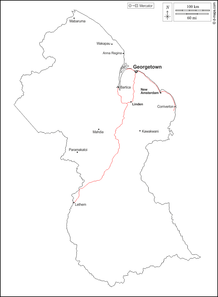 Guyana : d-maps.com: mappa gratuita, mappa muta gratuita, cartina muta gratuita : contorni, principali città, strade, nomi, bianco