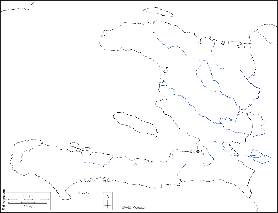 Haiti : d-maps.com: mappa gratuita, mappa muta gratuita, cartina muta gratuita : frontiere, idrografia, principali città, bianco