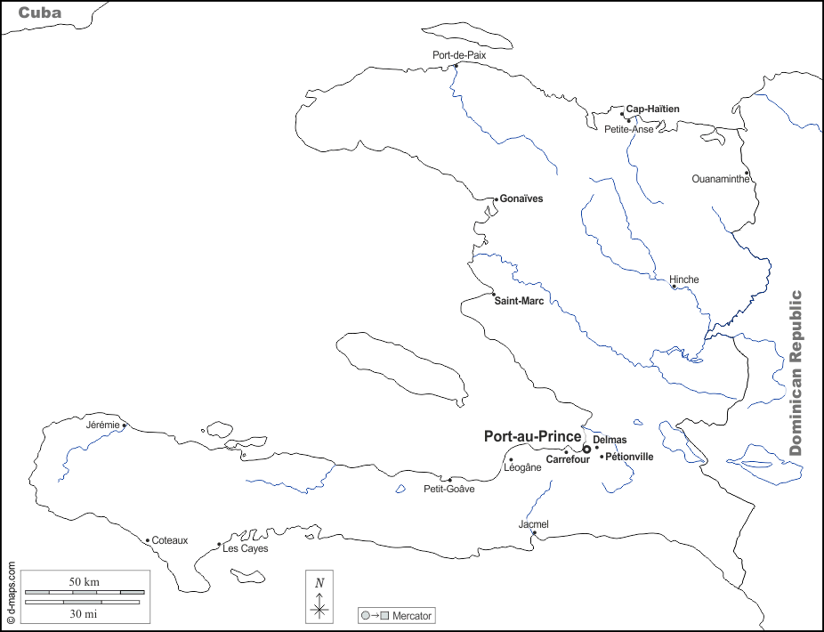 Haiti : d-maps.com: mappa gratuita, mappa muta gratuita, cartina muta gratuita : frontiere, idrografia, principali città, nomi, bianco