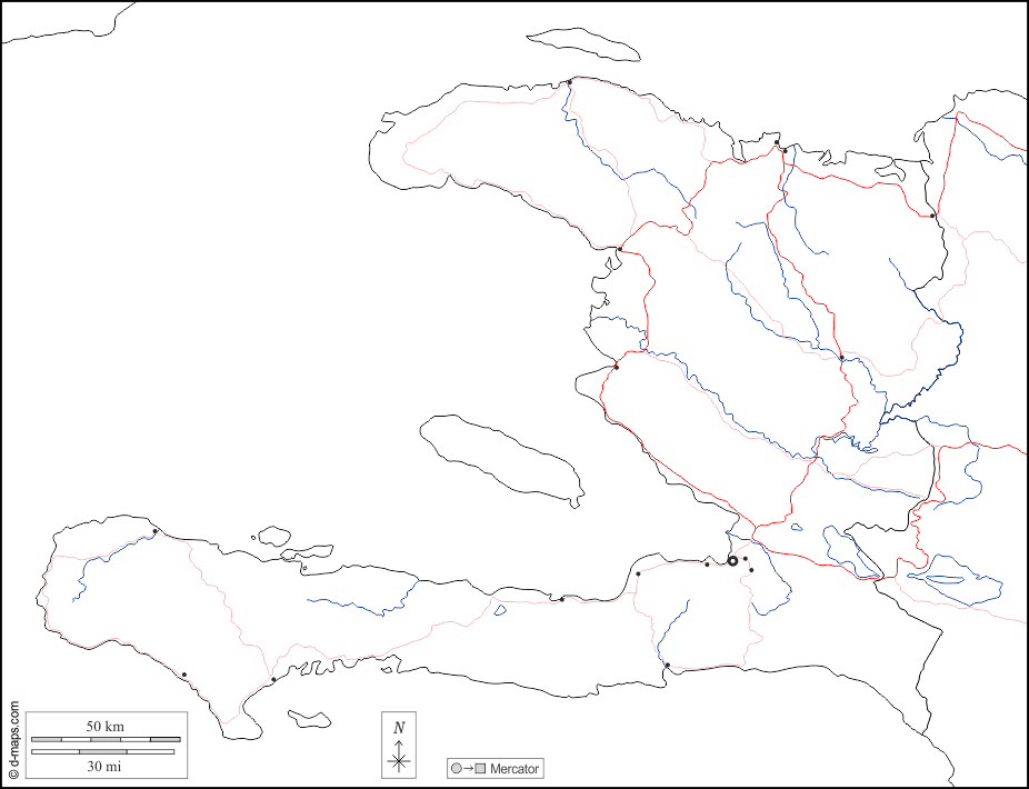 Haiti : d-maps.com: mappa gratuita, mappa muta gratuita, cartina muta gratuita : frontiere, idrografia, principali città, strade, bianco