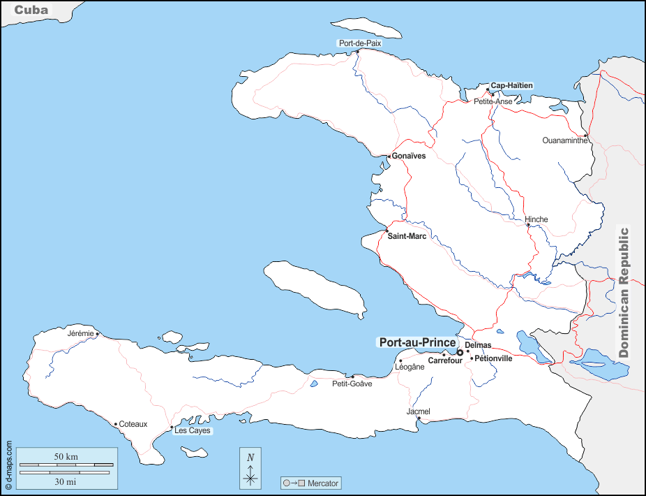 Haiti : d-maps.com: mappa gratuita, mappa muta gratuita, cartina muta gratuita : frontiere, idrografia, principali città, strade, nomi