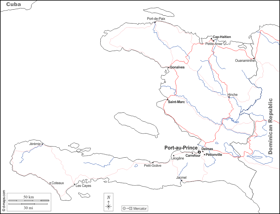 Haiti : d-maps.com: mappa gratuita, mappa muta gratuita, cartina muta gratuita : frontiere, idrografia, principali città, strade, nomi, bianco