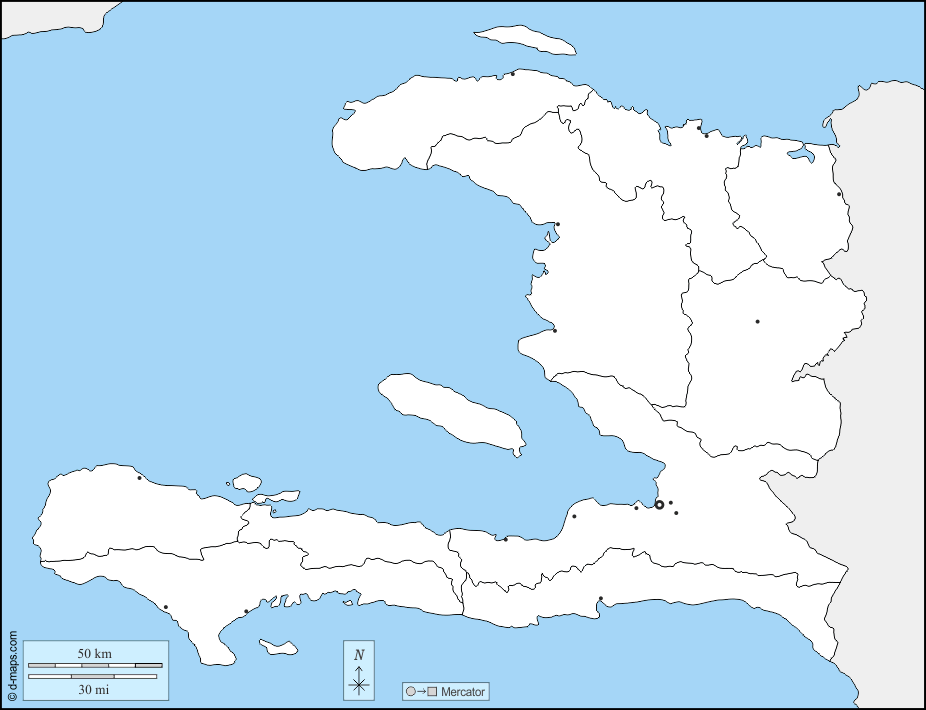 Haiti : d-maps.com: mappa gratuita, mappa muta gratuita, cartina muta gratuita : frontiere, dipartimenti, principali città