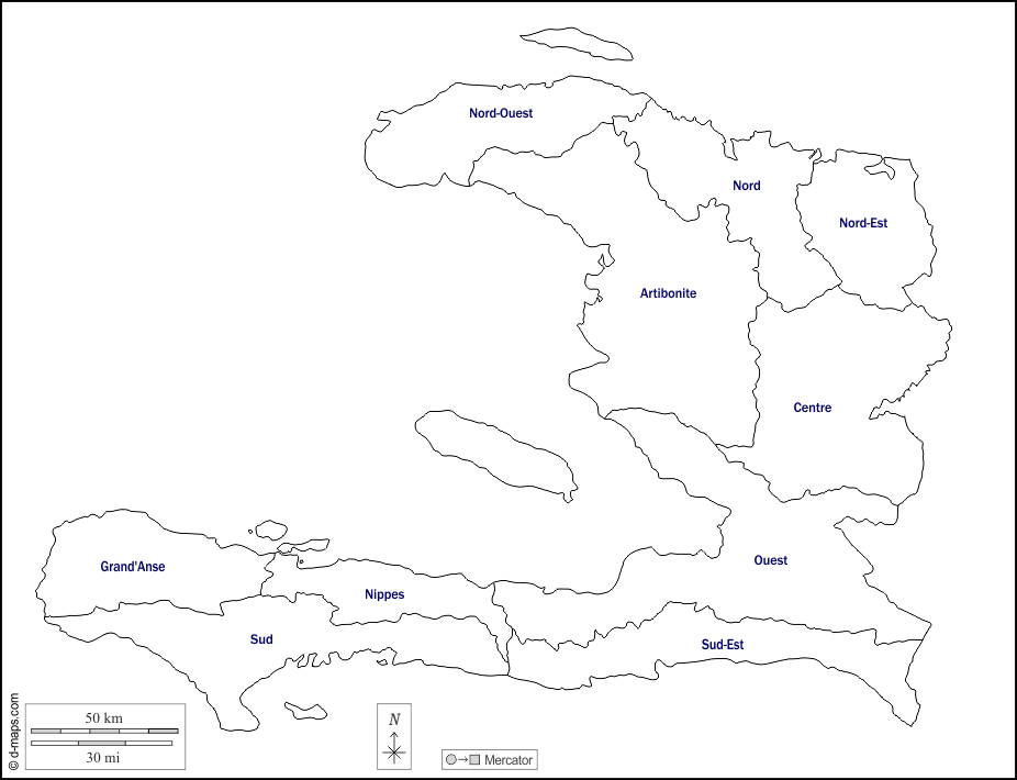 Haiti : d-maps.com: mappa gratuita, mappa muta gratuita, cartina muta gratuita : contorni, dipartimenti, nomi, bianco