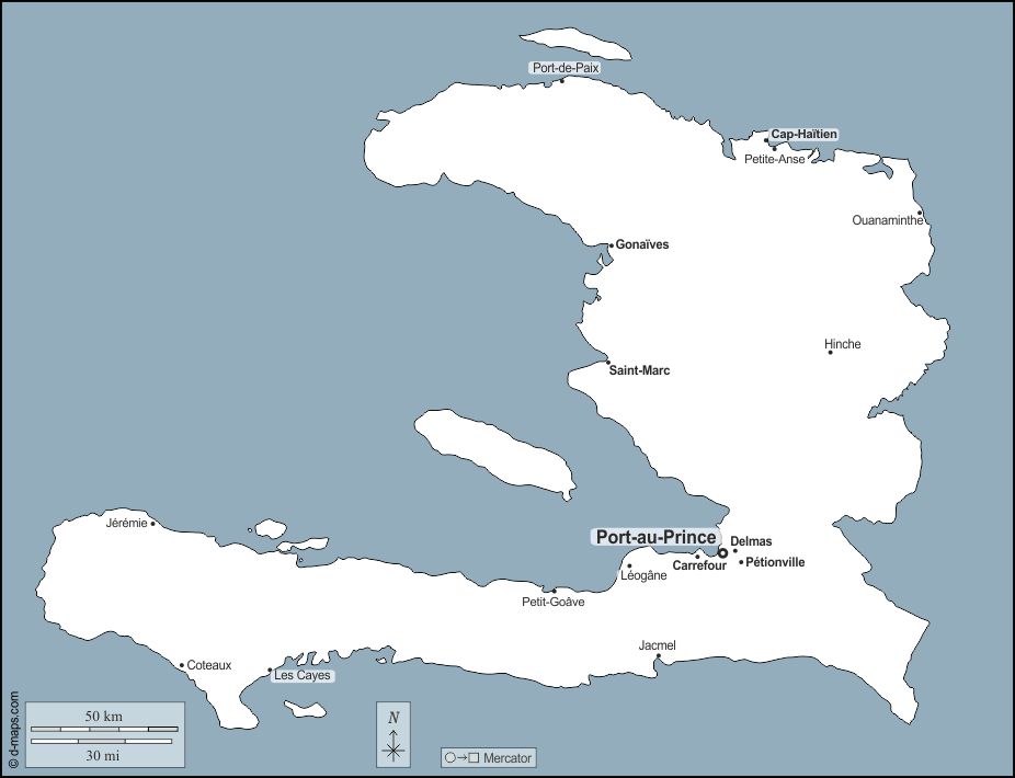 Haiti : d-maps.com: mappa gratuita, mappa muta gratuita, cartina muta gratuita : contorni, principali città, nomi