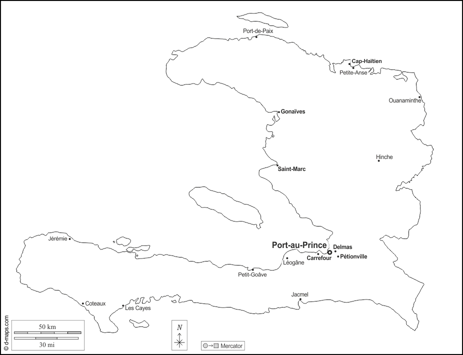 Haiti : d-maps.com: mappa gratuita, mappa muta gratuita, cartina muta gratuita : contorni, principali città, nomi, bianco
