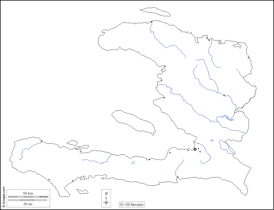 Haiti : d-maps.com: mappa gratuita, mappa muta gratuita, cartina muta gratuita : contorni, idrografia, principali città, bianco
