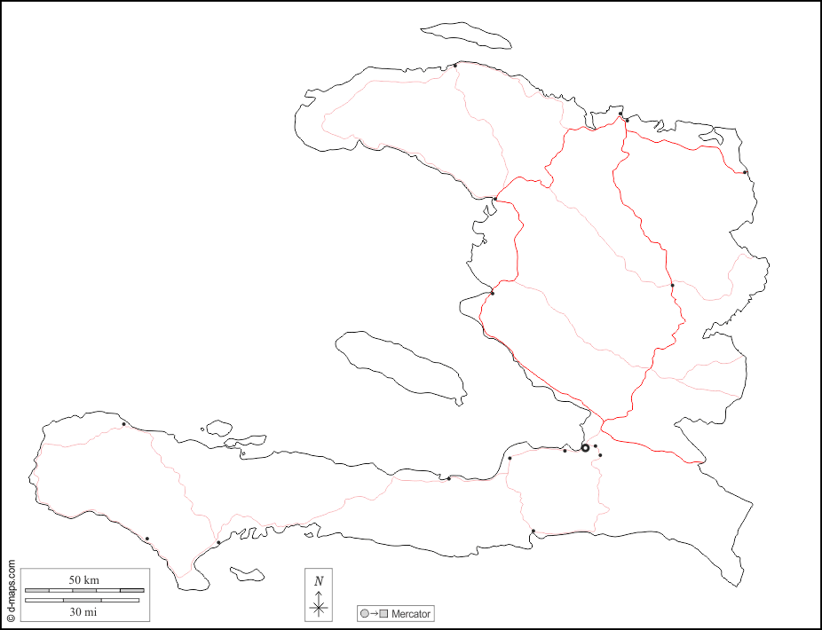 Haiti : d-maps.com: mappa gratuita, mappa muta gratuita, cartina muta gratuita : contorni, principali città, strade, bianco