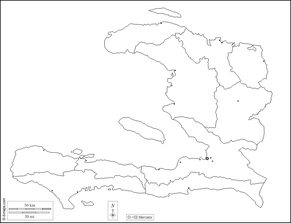 Haiti : d-maps.com: mappa gratuita, mappa muta gratuita, cartina muta gratuita : contorni, dipartimenti, principali città, bianco