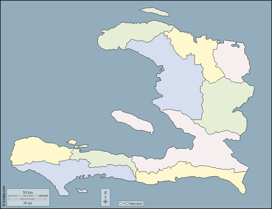 Haiti : d-maps.com: mappa gratuita, mappa muta gratuita, cartina muta gratuita : contorni, dipartimenti, colore