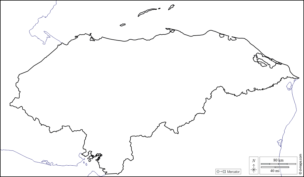 Honduras : d-maps.com: mappa gratuita, mappa muta gratuita, cartina muta gratuita : litorali, limiti, bianco