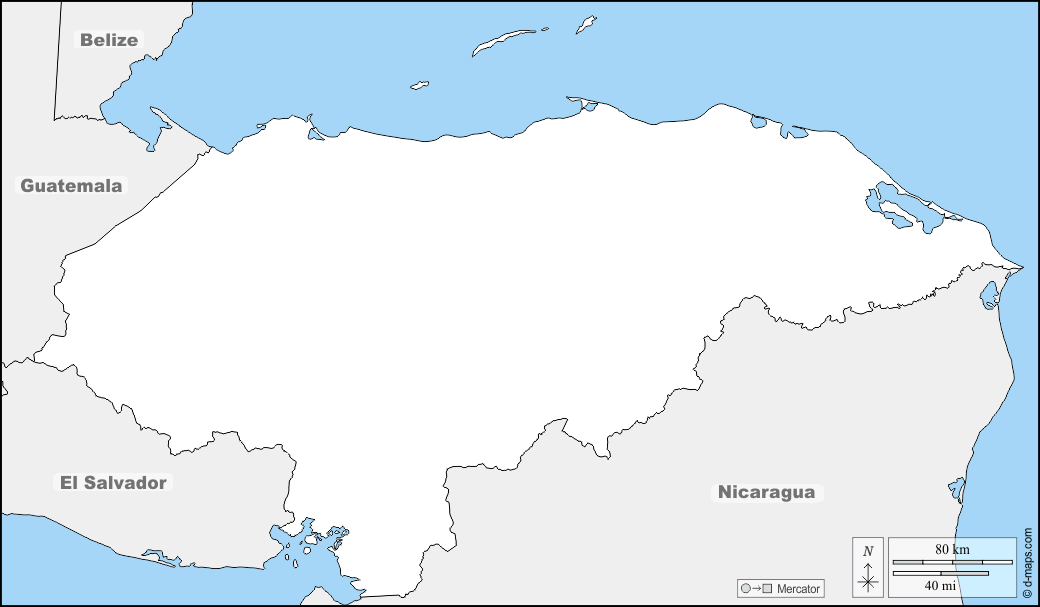 Honduras : d-maps.com: mappa gratuita, mappa muta gratuita, cartina muta gratuita : frontiere, nomi