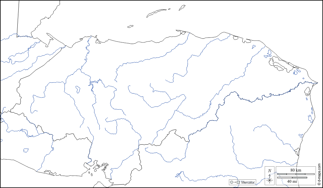 Honduras : d-maps.com: mappa gratuita, mappa muta gratuita, cartina muta gratuita : frontiere, idrografia, bianco