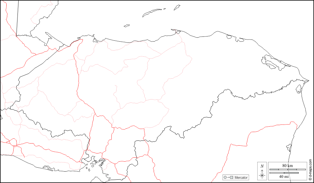 Honduras : d-maps.com: mappa gratuita, mappa muta gratuita, cartina muta gratuita : frontiere, strade, bianco