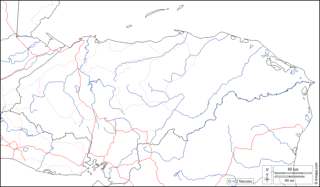 Honduras : d-maps.com: mappa gratuita, mappa muta gratuita, cartina muta gratuita : frontiere, idrografia, strade, bianco