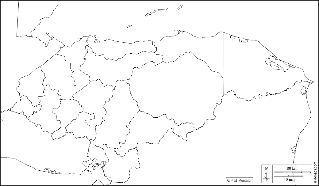 Honduras : d-maps.com: free map, free blank map, free outline map, free base map : boundaries, departments, white