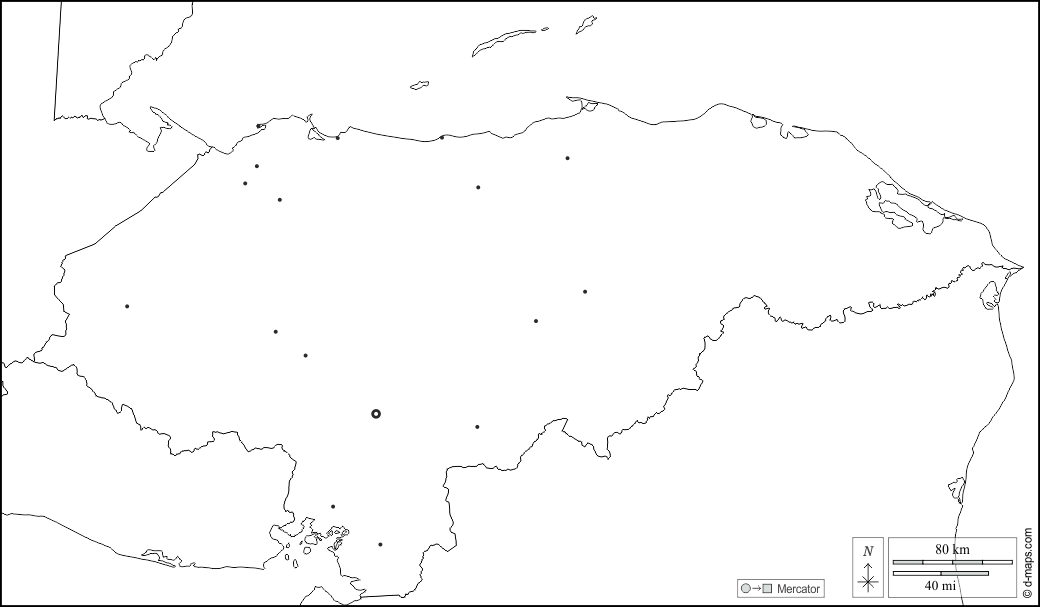 Honduras : d-maps.com: mappa gratuita, mappa muta gratuita, cartina muta gratuita : frontiere, principali città, bianco