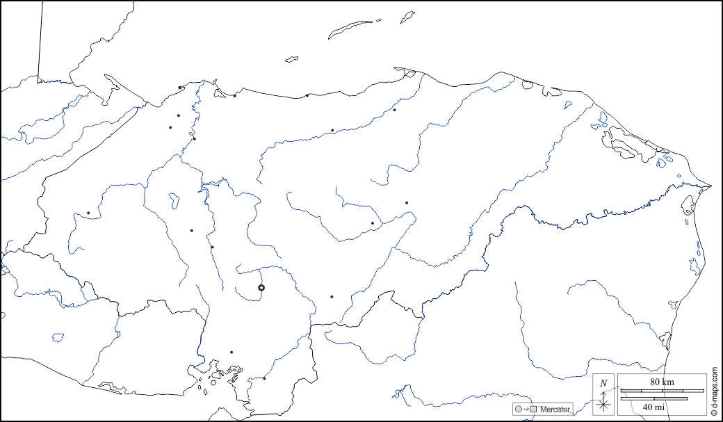Honduras : d-maps.com: mappa gratuita, mappa muta gratuita, cartina muta gratuita : frontiere, idrografia, principali città, bianco