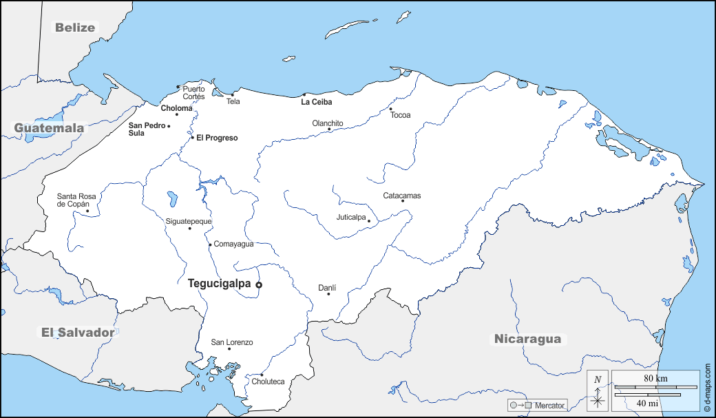 Honduras : d-maps.com: mappa gratuita, mappa muta gratuita, cartina muta gratuita : frontiere, idrografia, principali città, nomi