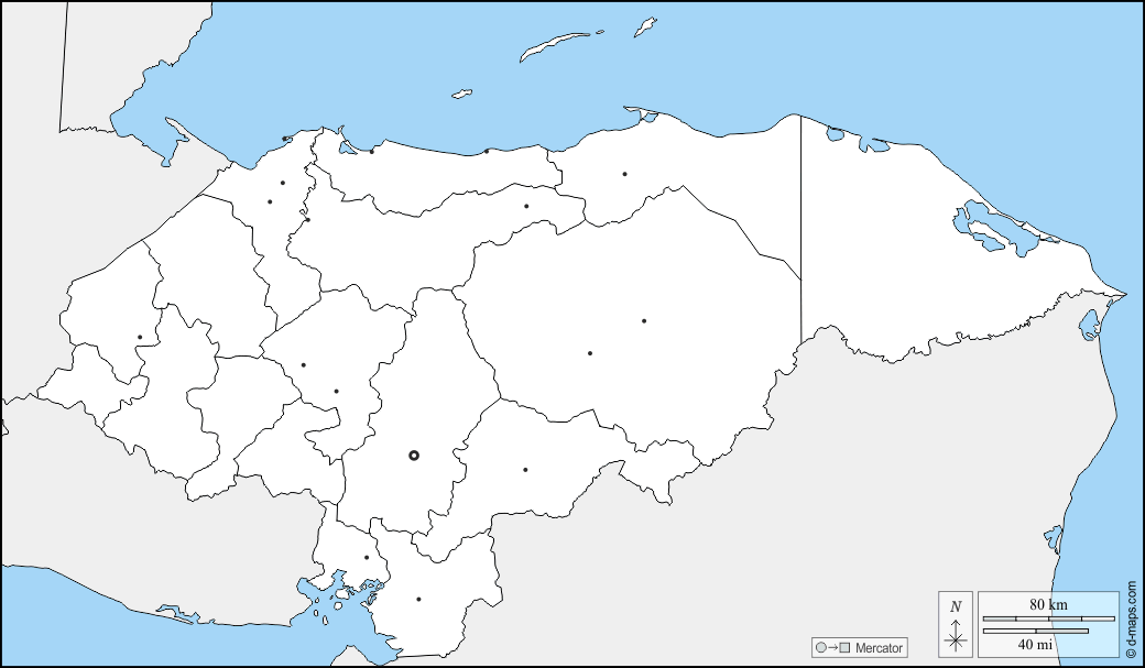 Honduras : d-maps.com: mappa gratuita, mappa muta gratuita, cartina muta gratuita : frontiere, dipartimenti, principali città