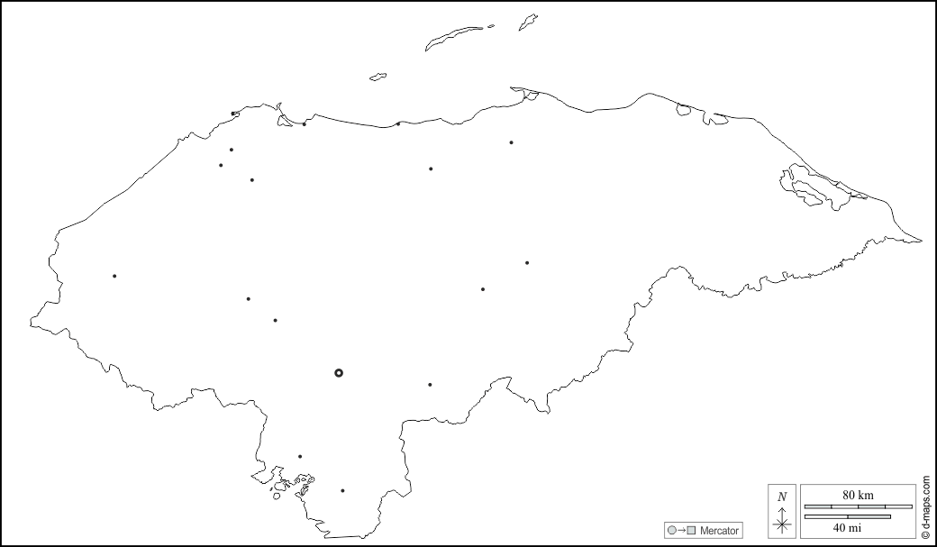 Honduras : d-maps.com: mappa gratuita, mappa muta gratuita, cartina muta gratuita : contorni, principali città, bianco