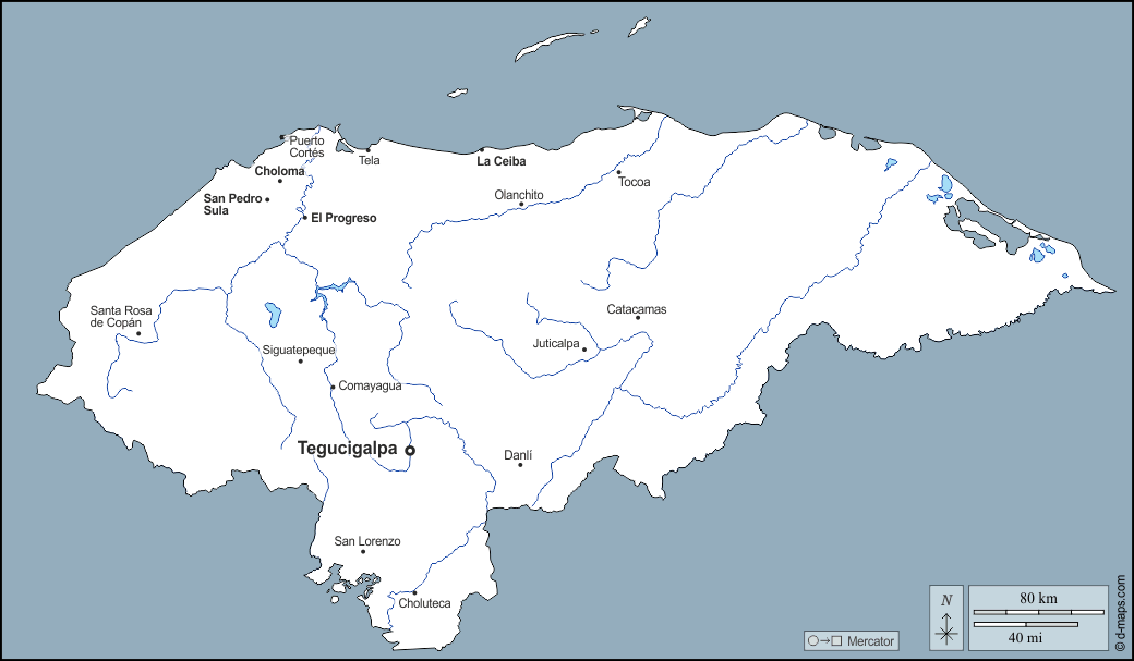 Honduras : d-maps.com: mappa gratuita, mappa muta gratuita, cartina muta gratuita : contorni, idrografia, principali città, nomi