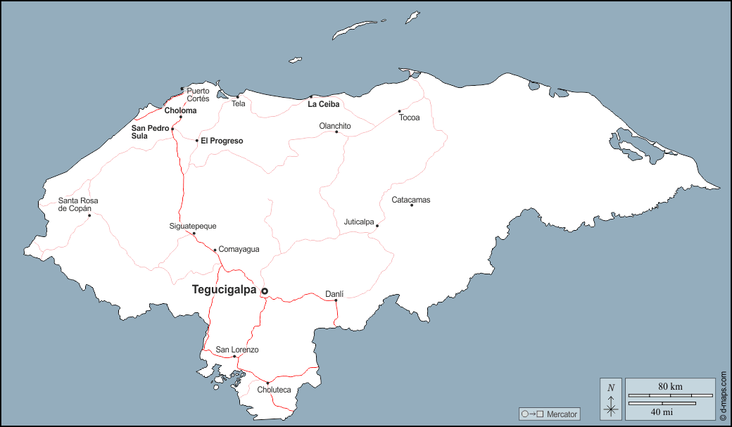 Honduras : d-maps.com: mappa gratuita, mappa muta gratuita, cartina muta gratuita : contorni, principali città, strade, nomi