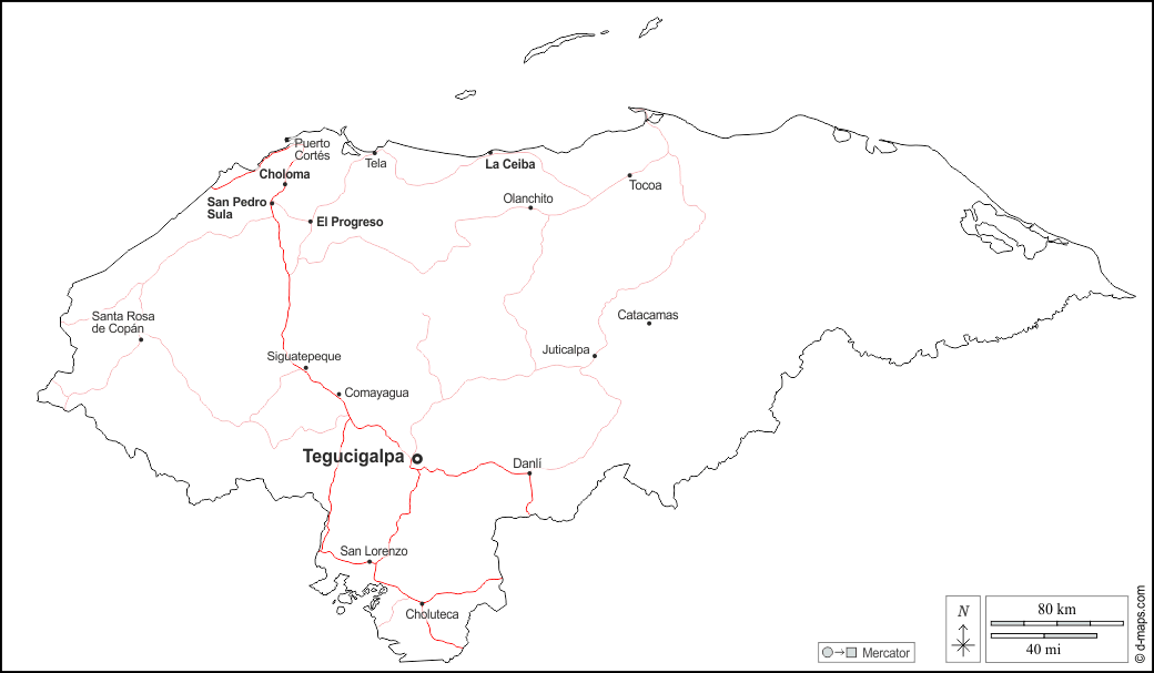 Honduras : d-maps.com: mappa gratuita, mappa muta gratuita, cartina muta gratuita : contorni, principali città, strade, nomi, bianco