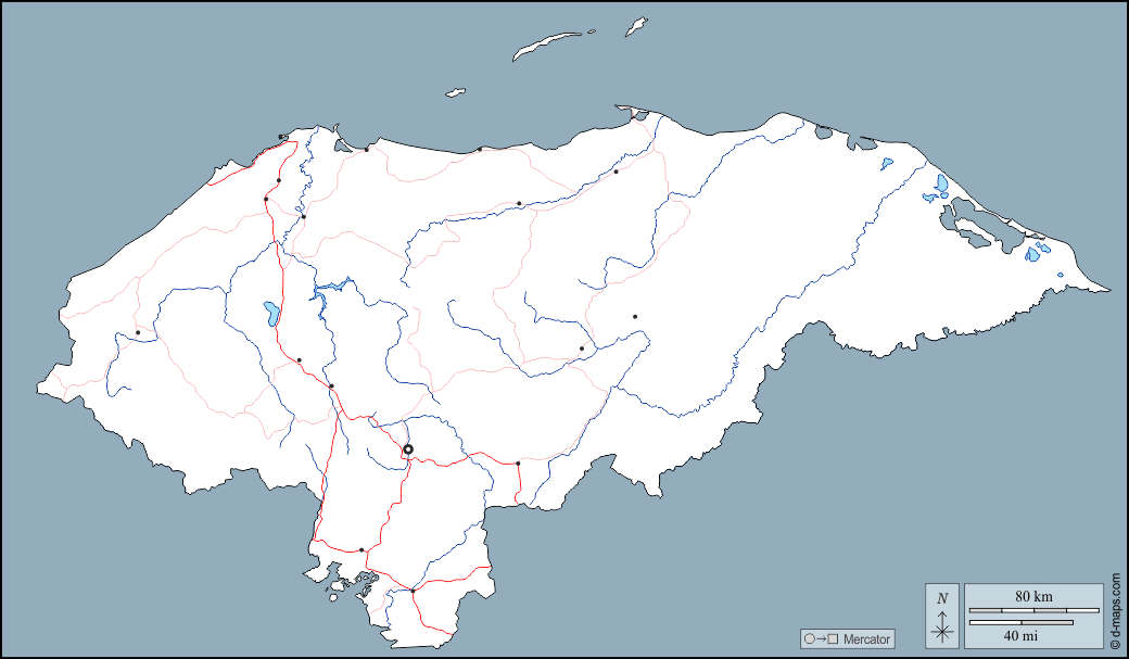Honduras : d-maps.com: mappa gratuita, mappa muta gratuita, cartina muta gratuita : contorni, idrografia, principali città, strade
