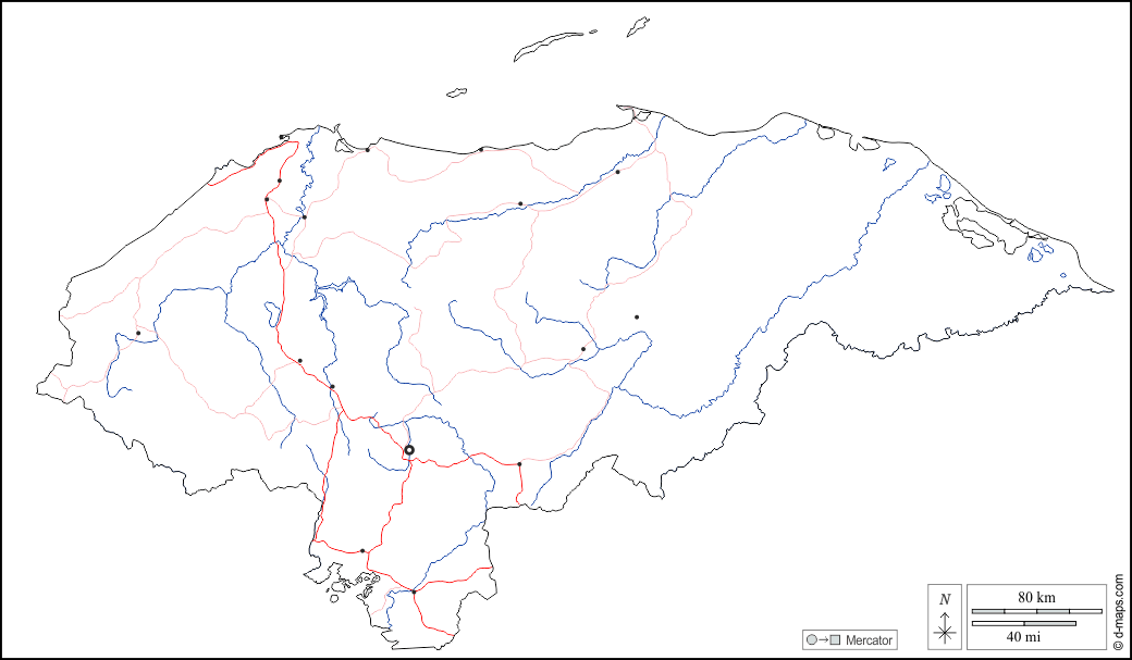 Honduras : d-maps.com: mappa gratuita, mappa muta gratuita, cartina muta gratuita : contorni, idrografia, principali città, strade, bianco