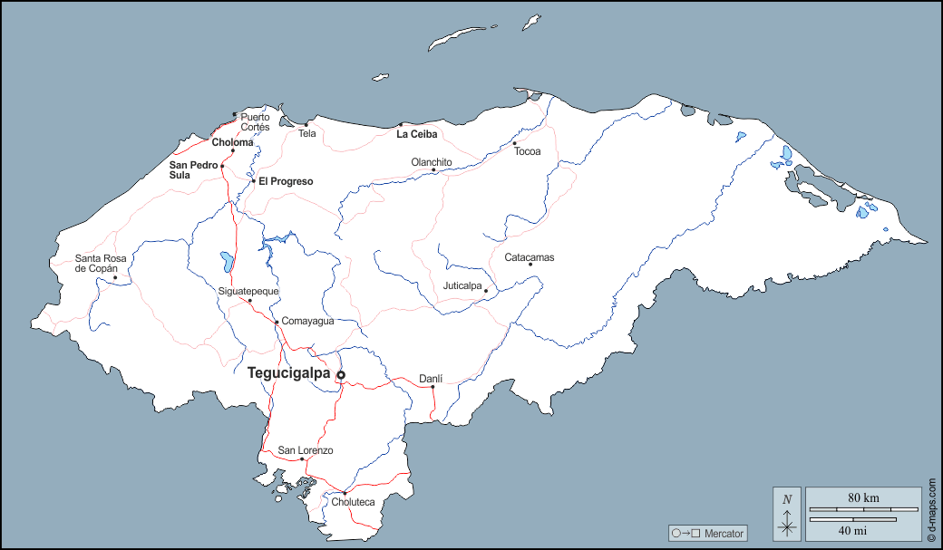 Honduras : d-maps.com: mappa gratuita, mappa muta gratuita, cartina muta gratuita : contorni, idrografia, principali città, strade, nomi