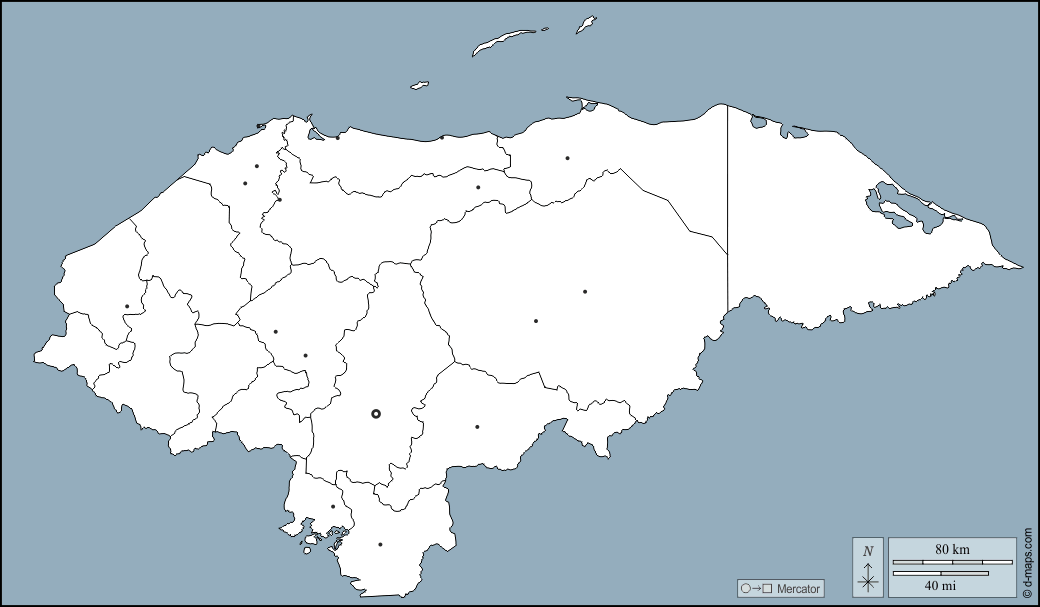 Honduras : d-maps.com: mappa gratuita, mappa muta gratuita, cartina muta gratuita : contorni, dipartimenti, principali città