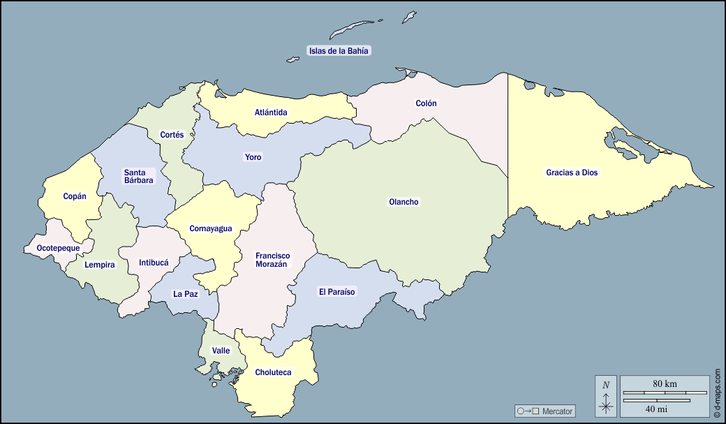 Honduras : d-maps.com: mappa gratuita, mappa muta gratuita, cartina muta gratuita : contorni, dipartimenti, nomi, colore