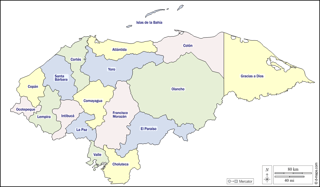 Honduras : d-maps.com: mappa gratuita, mappa muta gratuita, cartina muta gratuita : contorni, dipartimenti, nomi, colore, bianco
