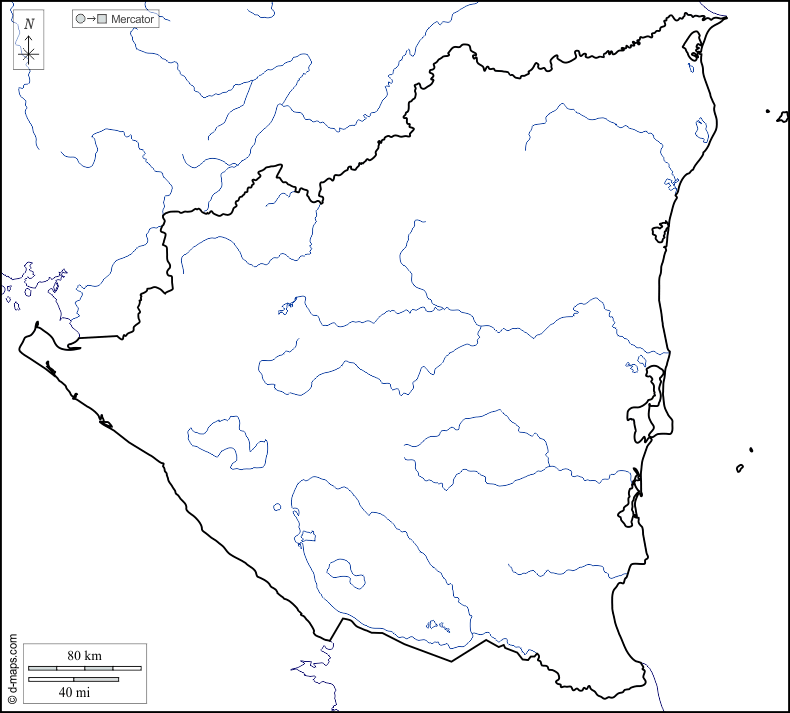Nicaragua : d-maps.com: mappa gratuita, mappa muta gratuita, cartina muta gratuita : litorali, limiti, idrografia, bianco