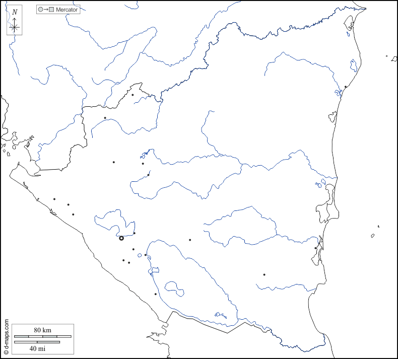Nicaragua : d-maps.com: mappa gratuita, mappa muta gratuita, cartina muta gratuita : frontiere, idrografia, principali città, bianco