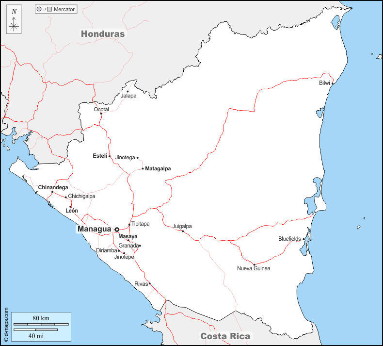 Nicaragua : d-maps.com: mappa gratuita, mappa muta gratuita, cartina muta gratuita : frontiere, principali città, strade, nomi