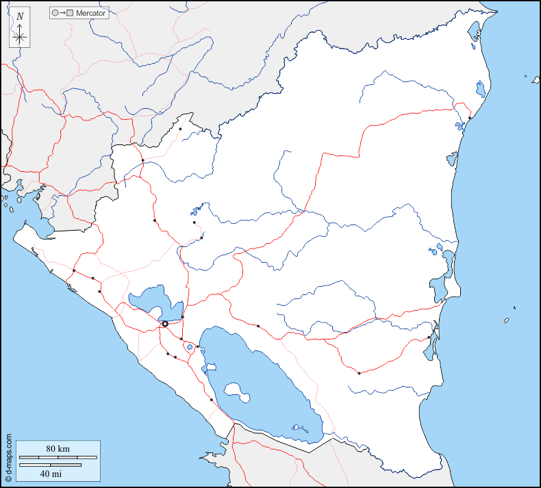 Nicaragua : d-maps.com: mappa gratuita, mappa muta gratuita, cartina muta gratuita : frontiere, idrografia, principali città, strade