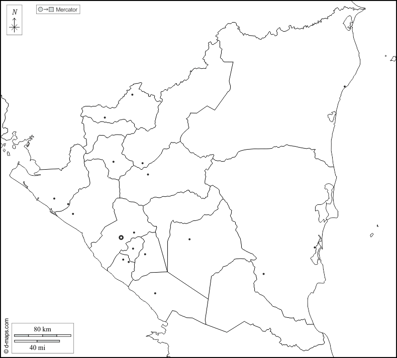 Nicaragua : d-maps.com: mappa gratuita, mappa muta gratuita, cartina muta gratuita : frontiere, dipartimenti, principali città, bianco