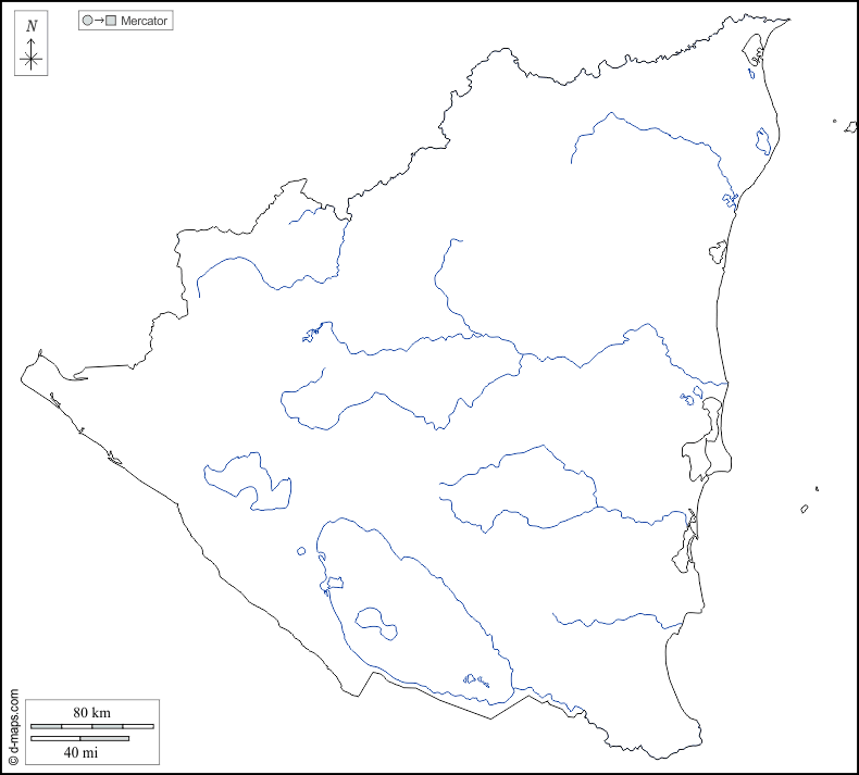 Nicaragua : d-maps.com: mappa gratuita, mappa muta gratuita, cartina muta gratuita : contorni, idrografia, bianco