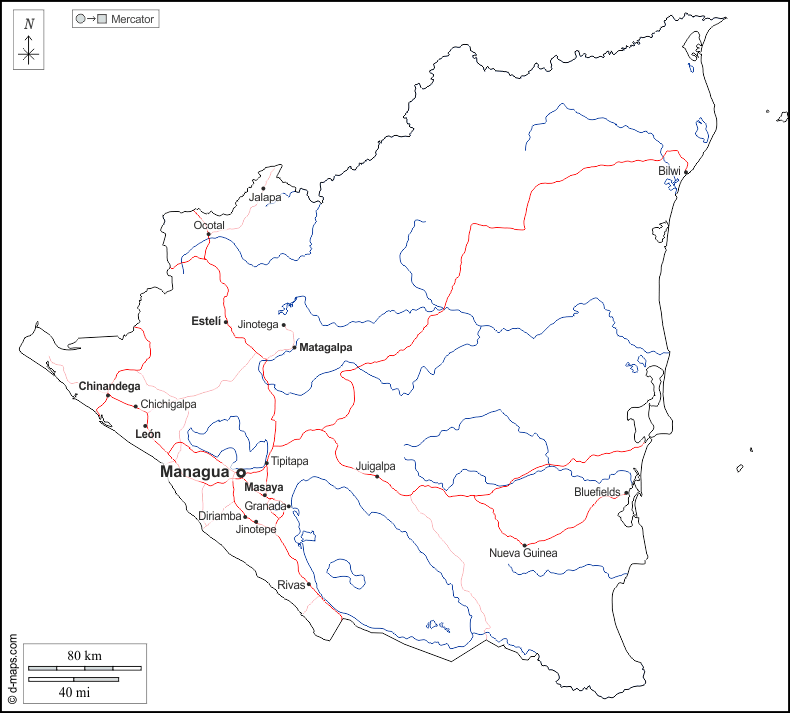 Nicaragua : d-maps.com: mappa gratuita, mappa muta gratuita, cartina muta gratuita : contorni, idrografia, principali città, strade, nomi, bianco
