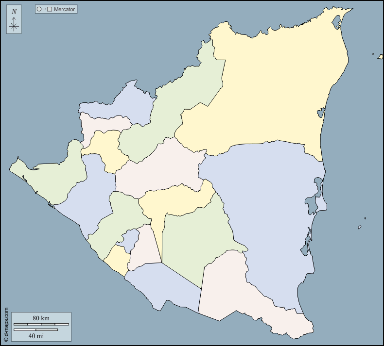 Nicaragua : d-maps.com: mappa gratuita, mappa muta gratuita, cartina muta gratuita : contorni, dipartimenti, colore
