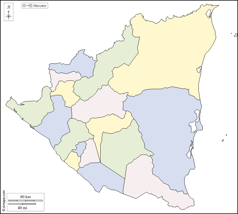 Nicaragua : d-maps.com: mappa gratuita, mappa muta gratuita, cartina muta gratuita : contorni, dipartimenti, colore, bianco