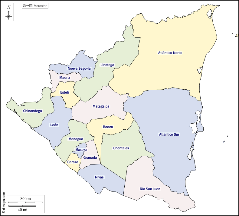 Nicaragua : d-maps.com: mappa gratuita, mappa muta gratuita, cartina muta gratuita : contorni, dipartimenti, nomi, colore, bianco